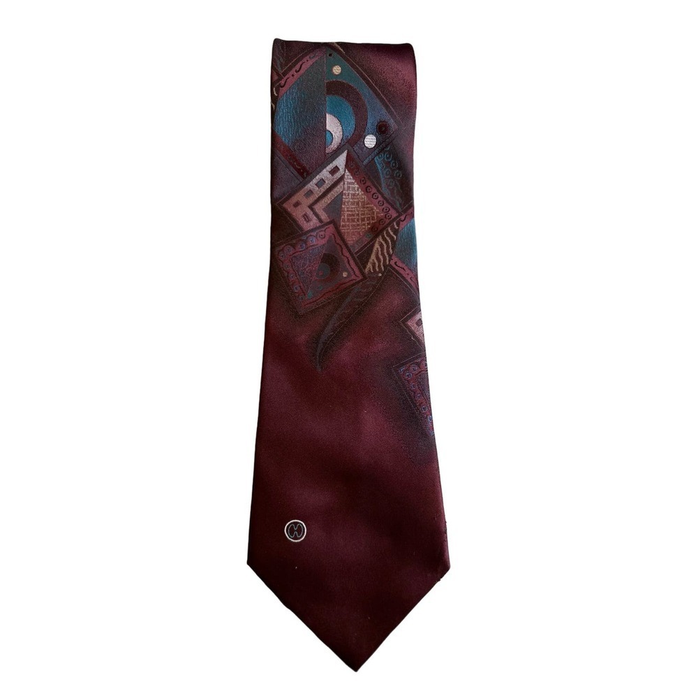 Vintage Halston III 90s Burgundy Abstract Geometric Tie